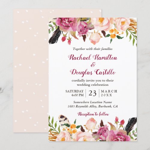 Romantic Spring Boho Floral Feather Wedding Card