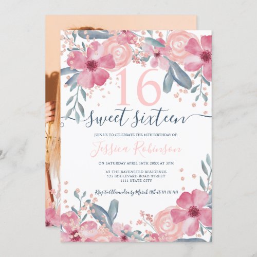 Romantic spring floral watercolor script Sweet 16 Invitation