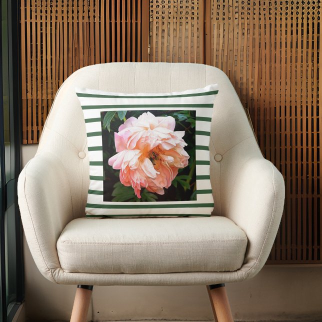 Romantic Spring Peach Peony on Green Stripes Throw Pillow (Creator Uploaded)
