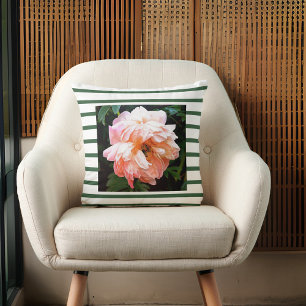 Romantic Spring Peach Peony on Green Stripes Throw Pillow