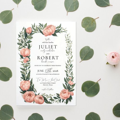 Romantic Spring Pink Peony Leaf Border Wedding Invitation