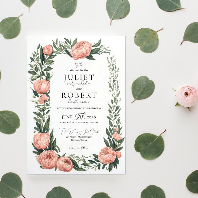 Romantic Spring Pink Peony Leaf Border Wedding Invitation (Creator Uploaded)