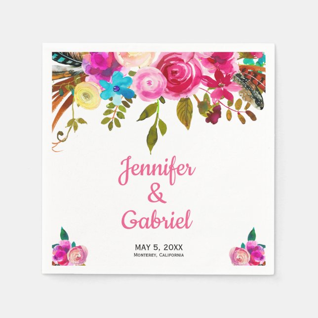Romantic Spring Pink Watercolor Floral Wedding Napkins (Front)