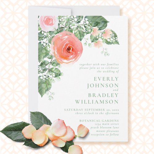 Romantic Spring Summer Coral Pink Green Wedding Invitation