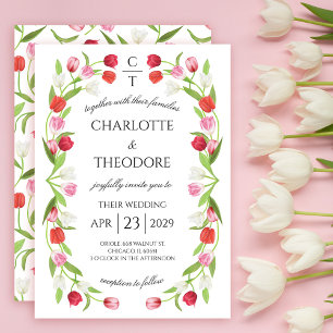 Romantic Spring Tulip Floral Pink & White Wedding Invitation