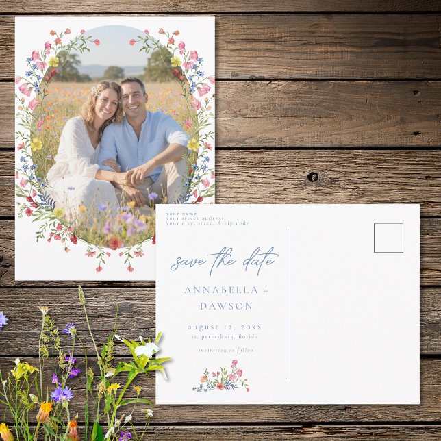 Romantic Spring Wildflower Garden Photo Save Date Postcard (Romantic Spring Wildflower Garden Photo Save Date Postcard)