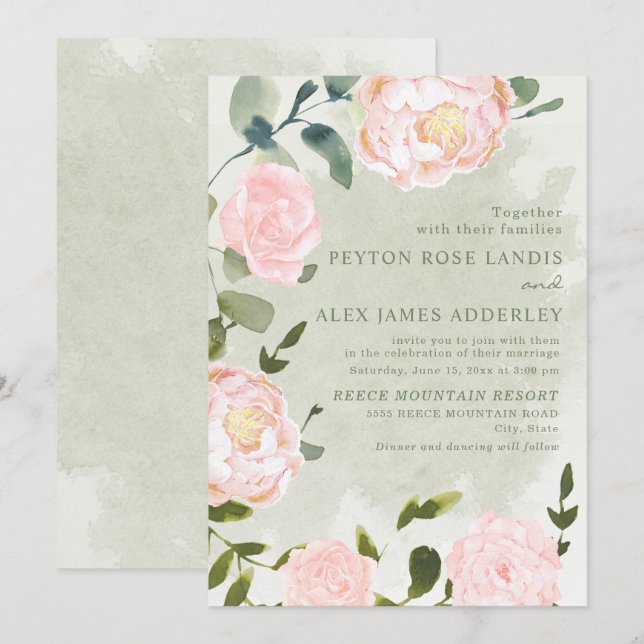 Romantic Springtime Blush Pink Floral Wedding Invitation (Front/Back)