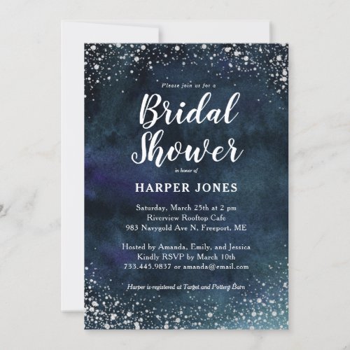 Romantic Stars Navy Blue Silver Bridal Shower Invitation