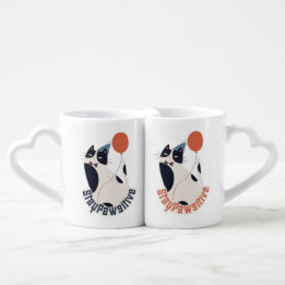 Romantic Stay Pawsitive Tuxedo Cat Heart Handle  Coffee Mug Set