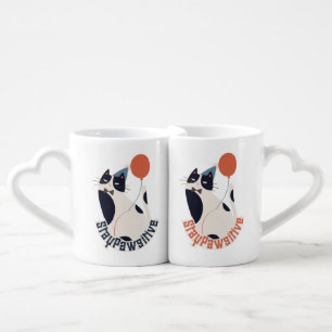 Romantic Stay Pawsitive Tuxedo Cat Heart Handle Coffee Mug Set