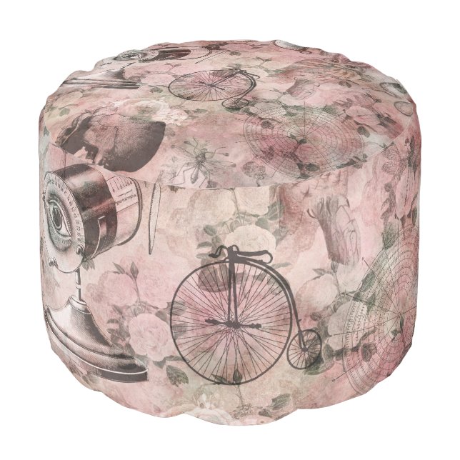 Romantic Steampunk | Antique Vintage Ephemera Pouf (Angled Front)