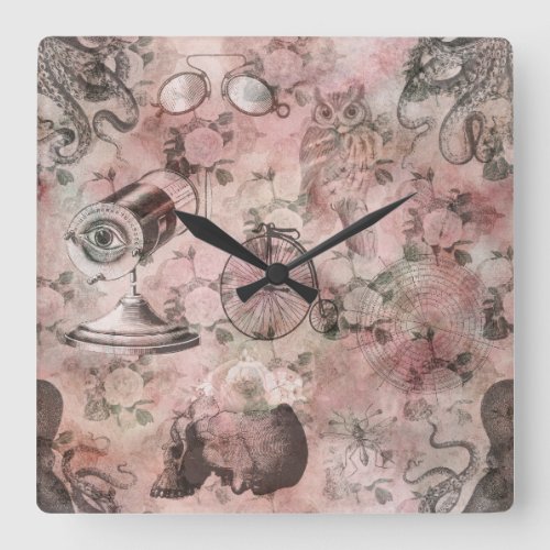 Romantic Steampunk  Antique Vintage Ephemera Square Wall Clock