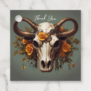 Romantic Steampunk Floral Cow Skull Wedding Favor Tags