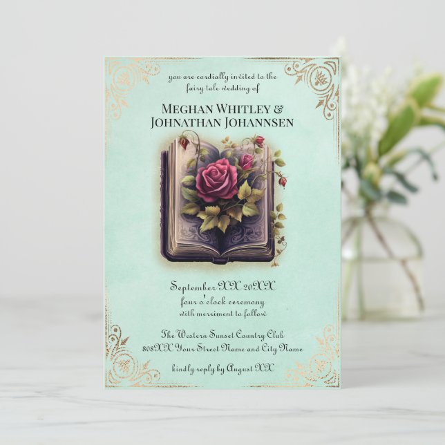Romantic Storybook Fairy Tale Wedding on Teal Invitation (Standing Front)