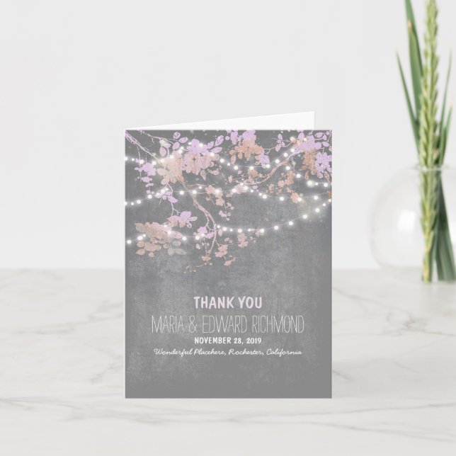 Romantic string lights branches wedding thank you card (Front)