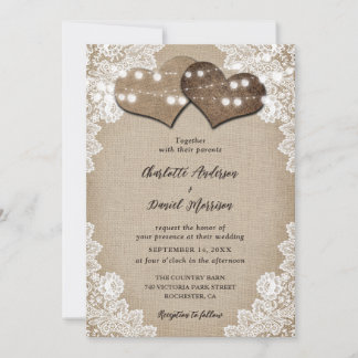 Romantic String Lights Burlap and Lace Wedding Invitation