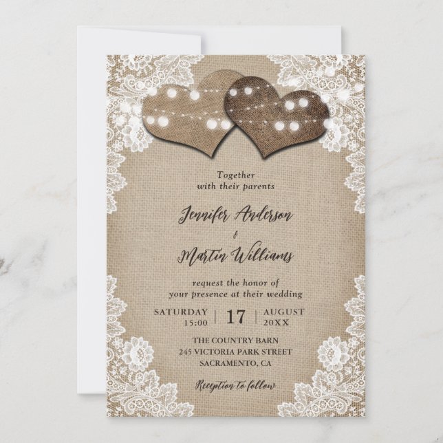 Romantic String Lights Burlap and Lace Wedding Invitation (Front)