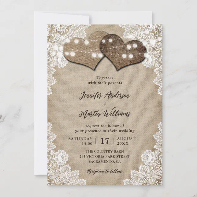 Romantic String Lights Burlap and Lace Wedding Invitation | Zazzle