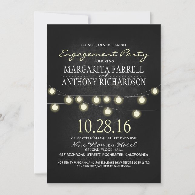 Romantic string lights chalkboard engagement party invitation (Front)