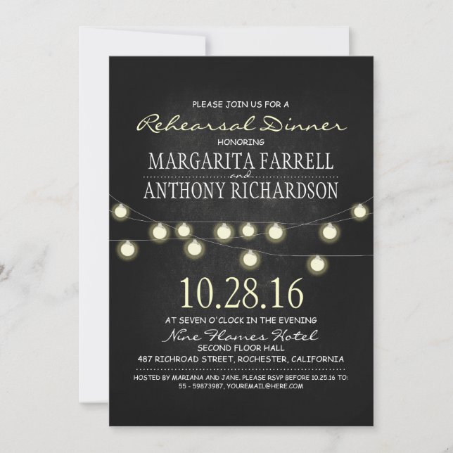 Romantic string lights chalkboard rehearsal dinner invitation (Front)