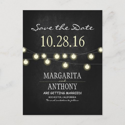 romantic string lights chalkboard save the date announcement postcard