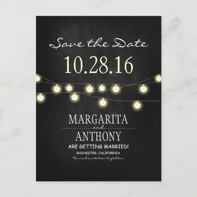 romantic string lights chalkboard save the date announcement postcard (Front)