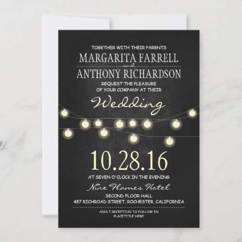 Romantic string lights chalkboard wedding invites