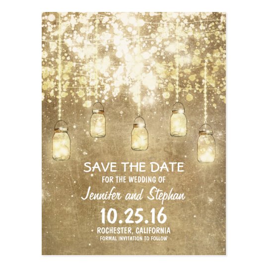 romantic string lights mason jars save the date postcard