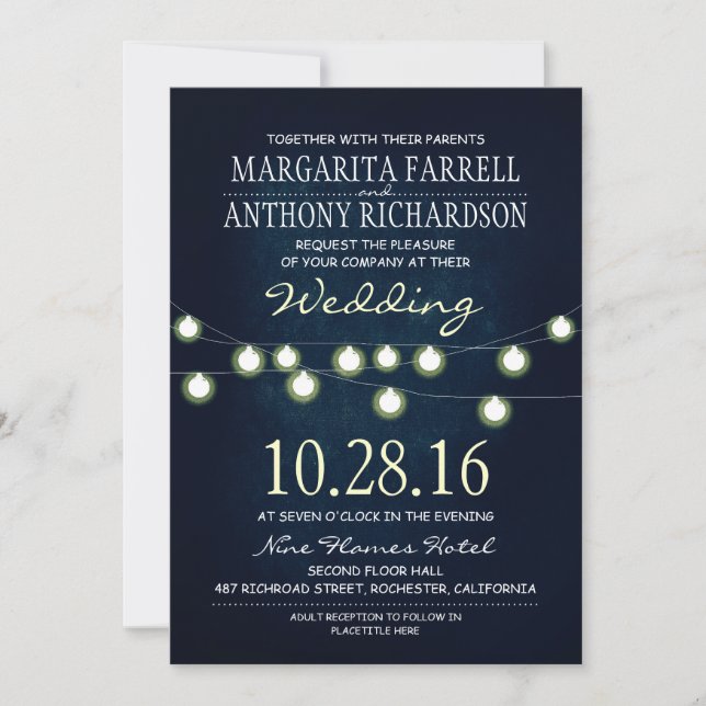 Romantic string lights navy wedding invites (Front)