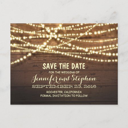 Romantic String Lights Rustic Wood Save The Date Announcement Postcard