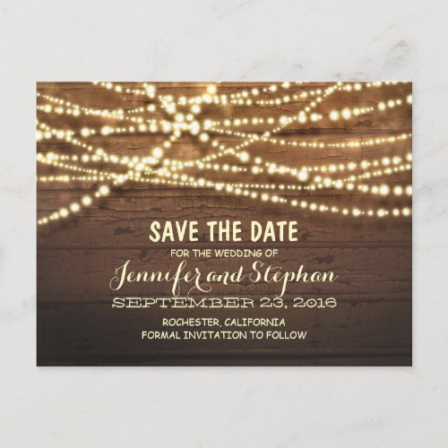 Romantic string lights rustic wood save the date announcement postcard