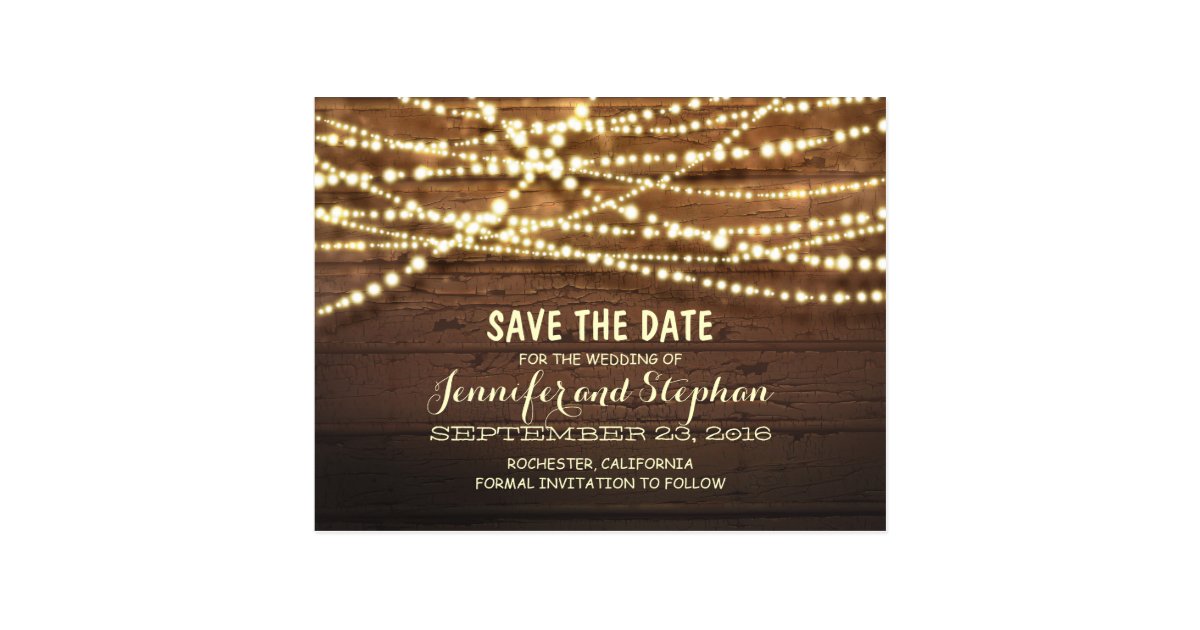 Romantic string lights rustic wood save the date postcard 