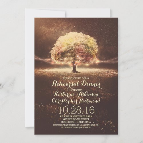 romantic string lights tree fall rehearsal dinner invitation