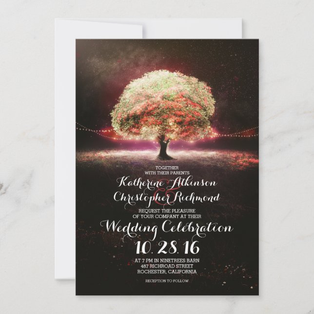 romantic string lights tree pink wedding invites (Front)
