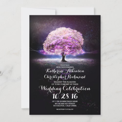 romantic string lights tree purple wedding invites