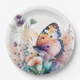 Romantic summer flowers and butterfly paper plates
