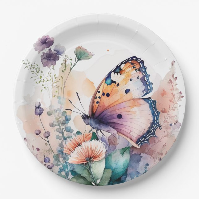Romantic summer flowers and butterfly  paper plates (Front)