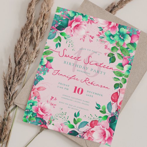 Romantic Summer Garden Floral Sweet 16 Blush Pink Invitation