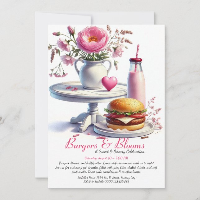 Romantic Summer Party Watercolor Burger & Pink  Invitation (Front)