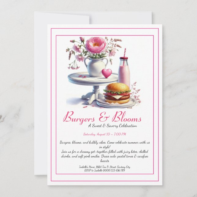 Romantic Summer Party Watercolor Burger & Pink  Invitation (Front)