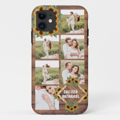 Romantic Sunflower Gold White Couple Photo Collage iPhone 11 Case