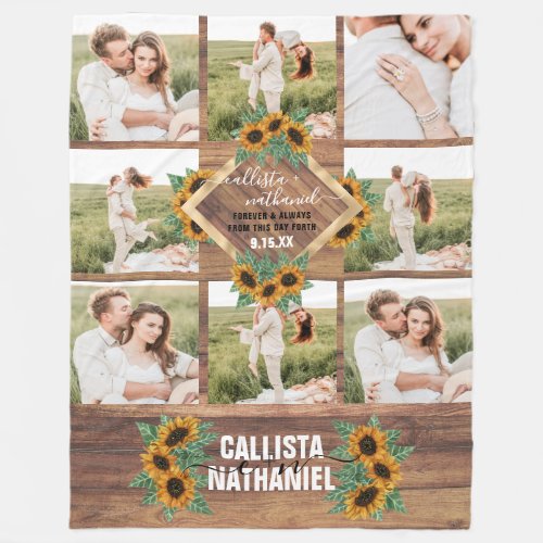 Romantic Sunflower Gold White Couple Photo Collage Fleece Blanket