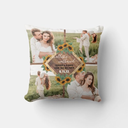 Romantic Sunflower Gold White Couple Photo Collage Throw Pillow