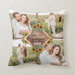 Romantic Sunflower Gold White Couple Photo Collage Throw Pillow<br><div class="desc">This cute and romantic wedding keepsake is perfect for the newlywed couple. It features eight custom picture couple photo collage with rustic brown wood and a faux printed gold text box surrounded with hand-painted goldenrod yellow and forest green watercolor sunflowers and leaves. It's country, modern, elegant, and trendy; the perfect...</div>