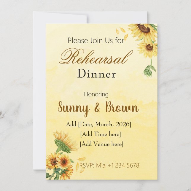 Romantic Sunflower Rustic Yellow Rehearsal Dinner Invitation (Front)