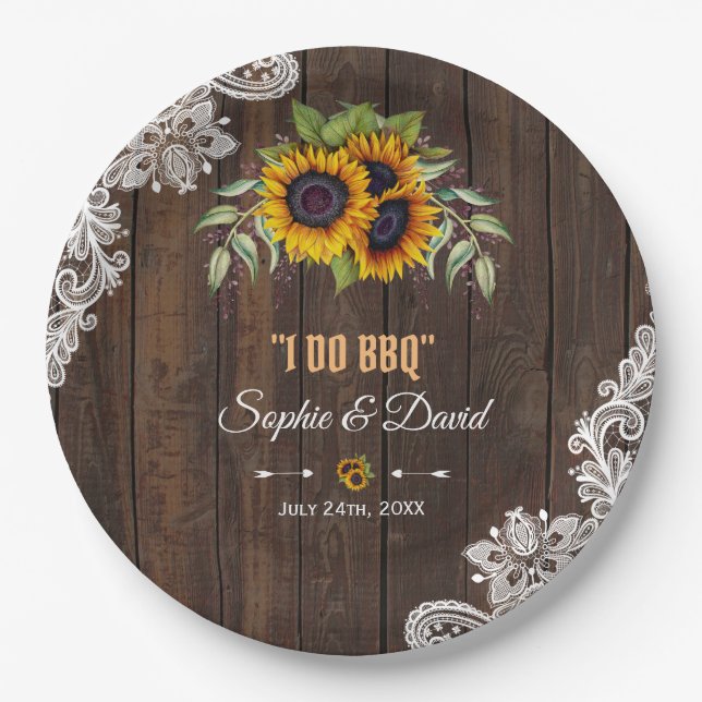 Romantic Sunflowers Bouquet Wood I DO BBQ Paper Plates (Front)