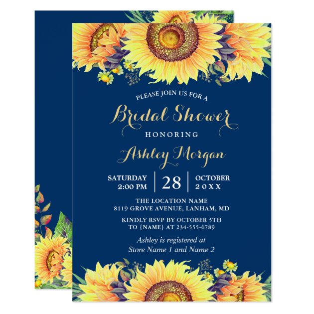 Romantic Sunflowers Rustic Navy Blue Bridal Shower Invitation