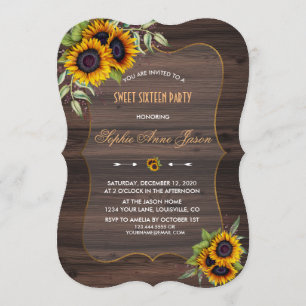 Romantic Sunflowers Wood Sweet Sixteen Party Invitation