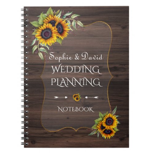 Romantic Sunflowers Wood Wedding Planner Notebook