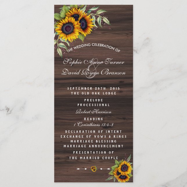Romantic Sunflowers Wood Wedding Program (Front)
